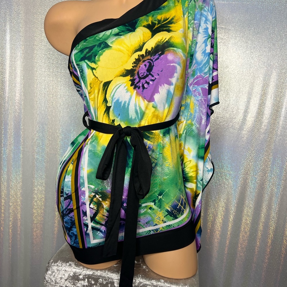Entry blouse tie at waist one shoulder bay wing belted open shoulder floral top - Picture 9 of 13